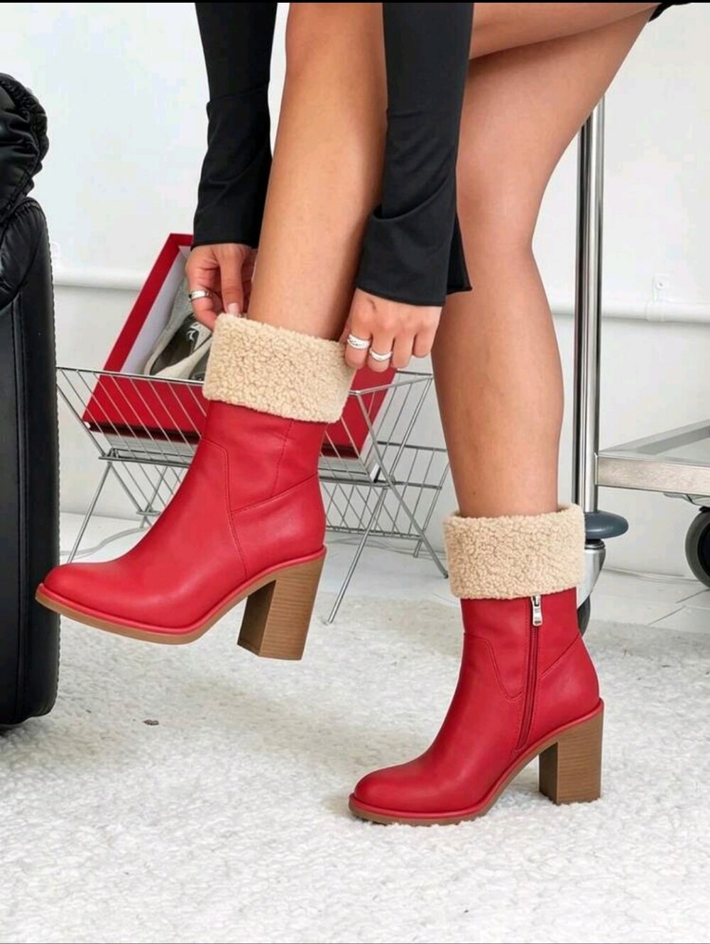Red Shearling-Cuff Block Heel Boots - Women